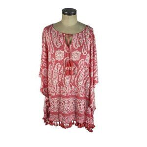 Tommy Bahama Paisley Palace 100% Linen Poncho Top L / XL Tutti Frutti Coral Pink